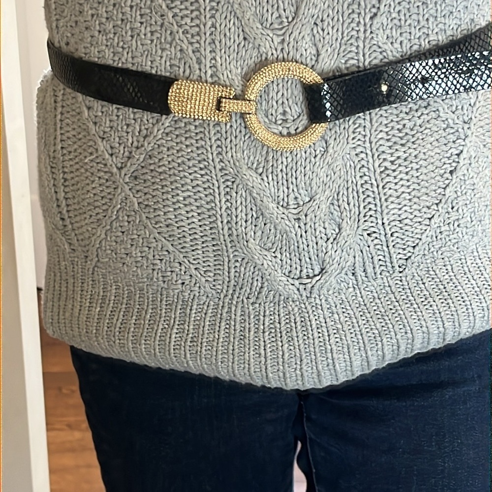 EUC Vintage Sandy Duftler Designs Black Snake Leather bedazzle Gold Belt Size M